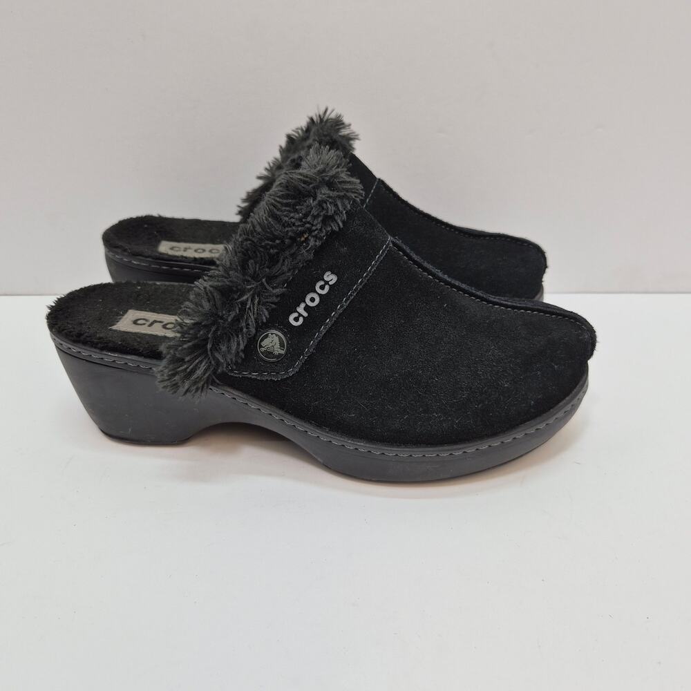 Crocs Mammoth Clogs Style 11602 Black Faux Fur Collar Size 7